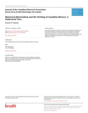 Historical Materialism and the Writing of Canadian History: a Dialectical View Bryan D