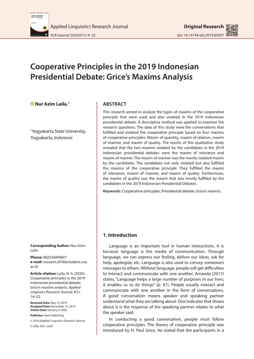 Cooperative Principles in the 2019 Indonesian Presidential Debate: Grice’S Maxims Analysis