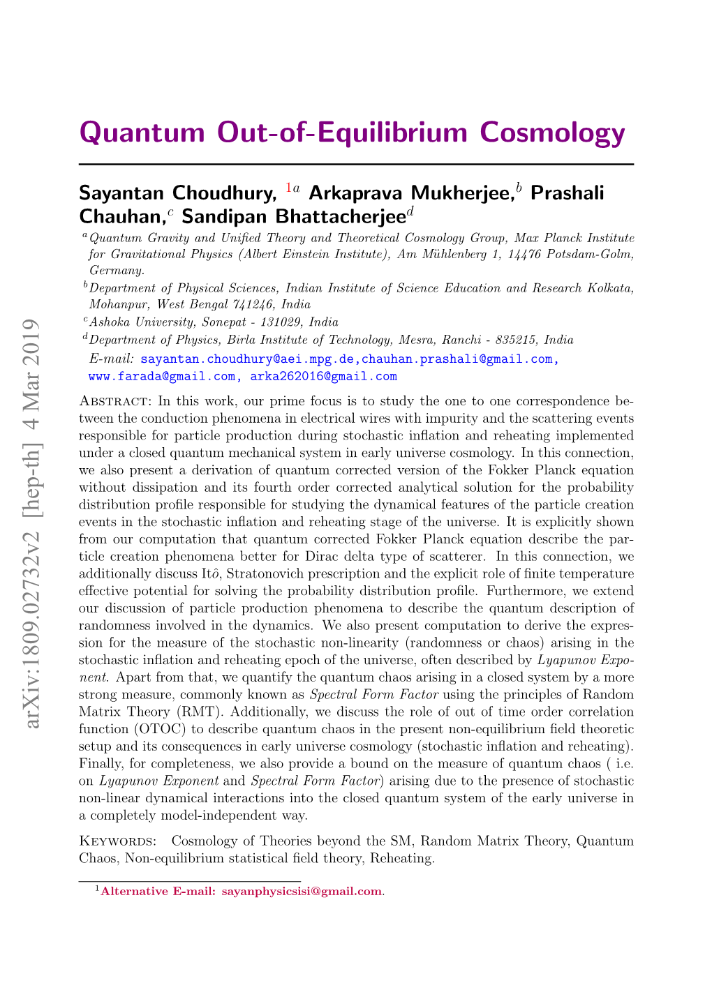 Quantum Out-Of-Equilibrium Cosmology