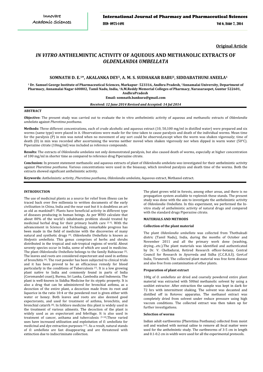 In Vitro Anthelmintic Activity of Aqueous and Methanolic Extracts of Oldenlandia Umbellata