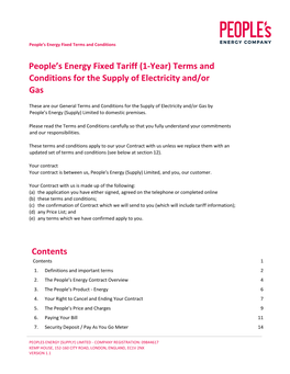 People's Energy Fixed Tariff (1-Year) Terms and Conditions for the Supply of Electricity And/Or Gas Contents