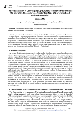 The Popularization of Lianyungang Agriculture E-Commerce Platforms and the Innovative Research Report Under the Mode of Government and College Cooperation