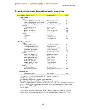 21. Land Mammal, Reptile & Amphibian Checklist for A. Samoa