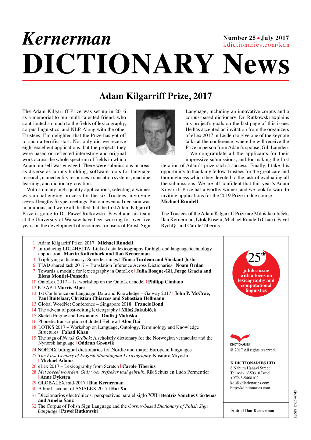 Kernerman Kdictionaries.Com/Kdn DICTIONARY News Adam Kilgarriff Prize, 2017