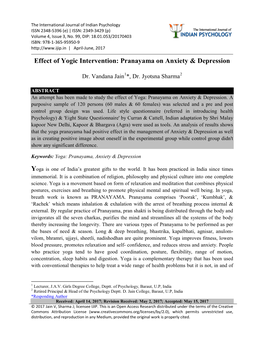 Effect of Yogic Intervention: Pranayama on Anxiety & Depression