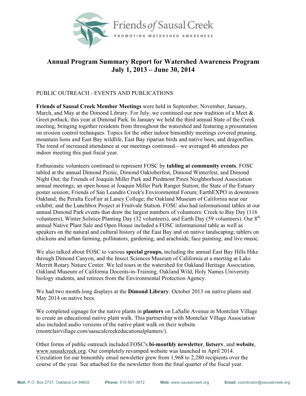Annual Program Summary Report for Watershed Awareness Program July 1, 2013 – June 30, 2014