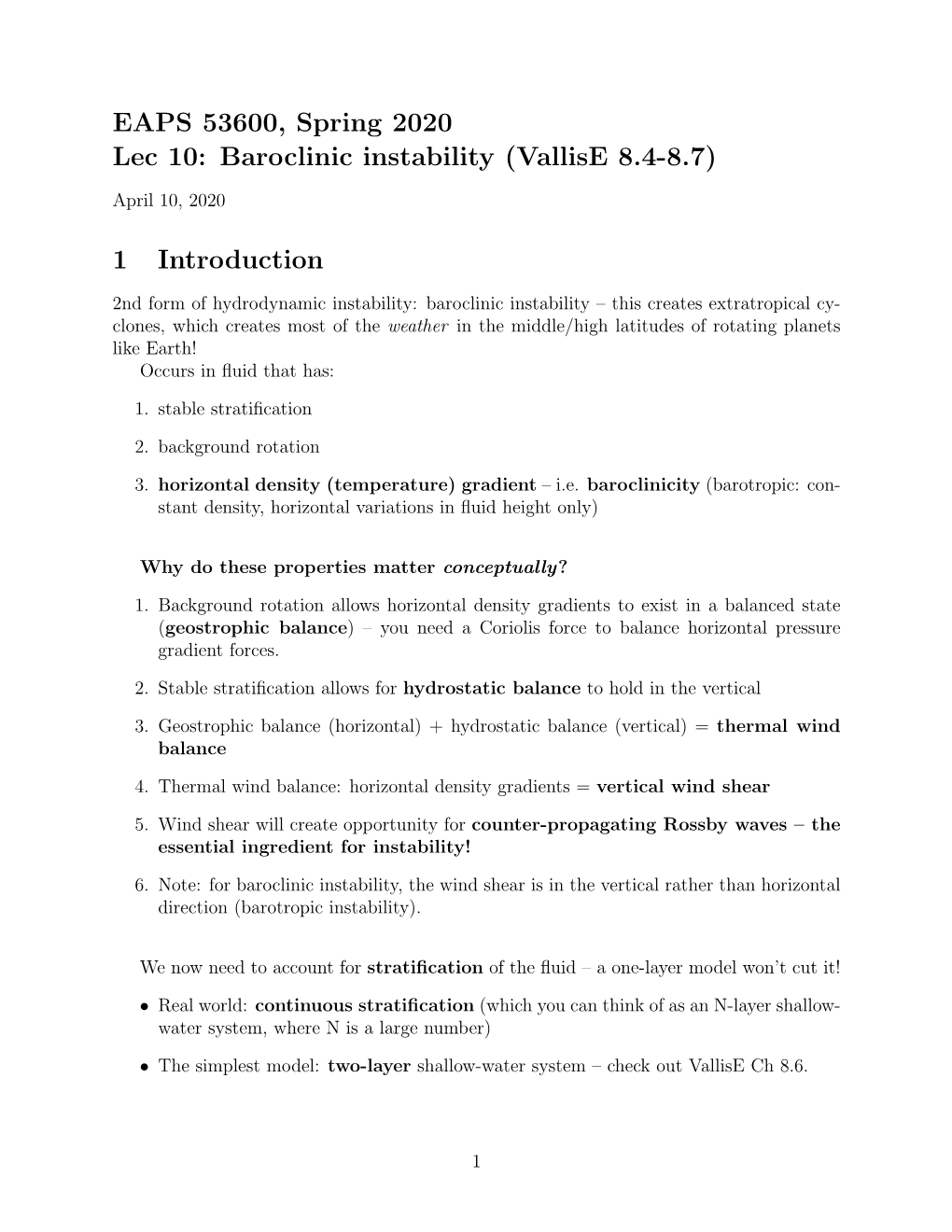 EAPS 53600, Spring 2020 Lec 10: Baroclinic Instability (Vallise 8.4-8.7)