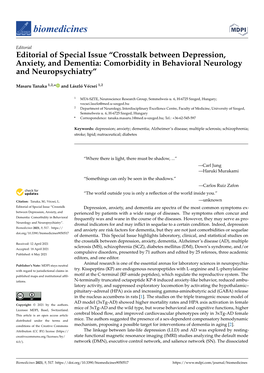 Crosstalk Between Depression, Anxiety, and Dementia: Comorbidity in Behavioral Neurology and Neuropsychiatry”