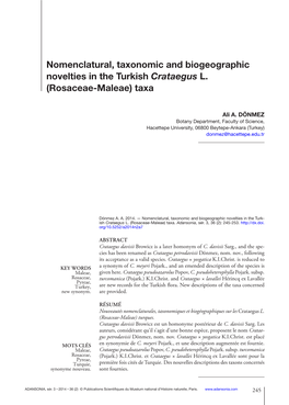 Nomenclatural, Taxonomic and Biogeographic Novelties in the Turkish Crataegus L. (Rosaceae-Maleae) Taxa