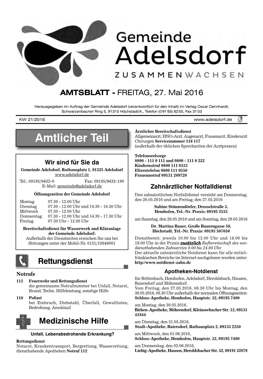 Amtlicher Teil Chirurgen Servicenummer 116 117 (Außerhalb Der Üblichen Sprechzeiten Der Arztpraxen)