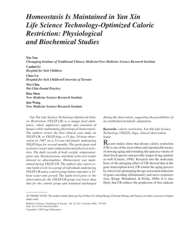 Homeostasis Is Maintained in Yan Xin Life Science Technology-Optimized Caloric Restriction: Physiological and Biochemical Studies