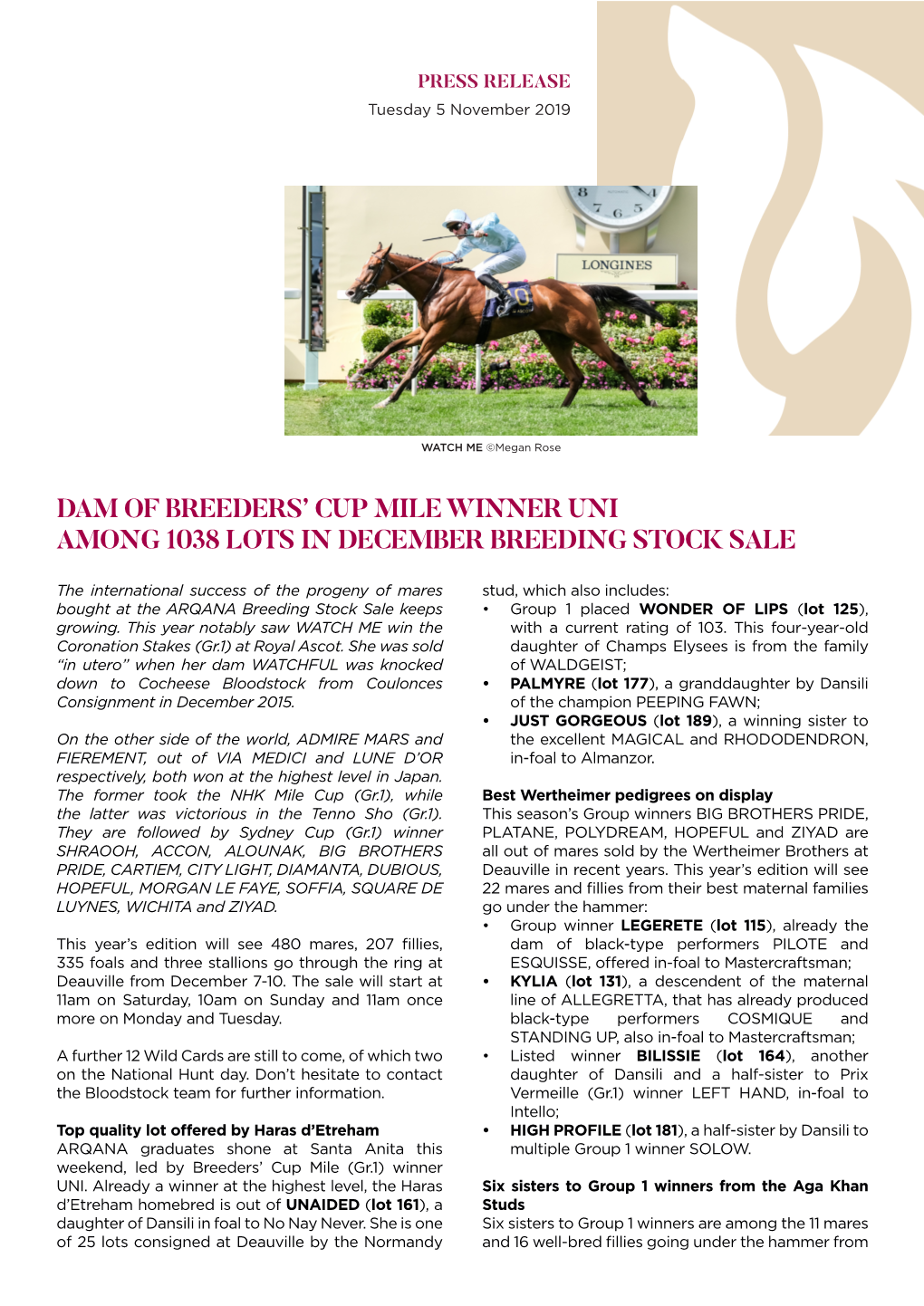 Dam of Breeders' Cup Mile Winner Uni Among 1038 Lots