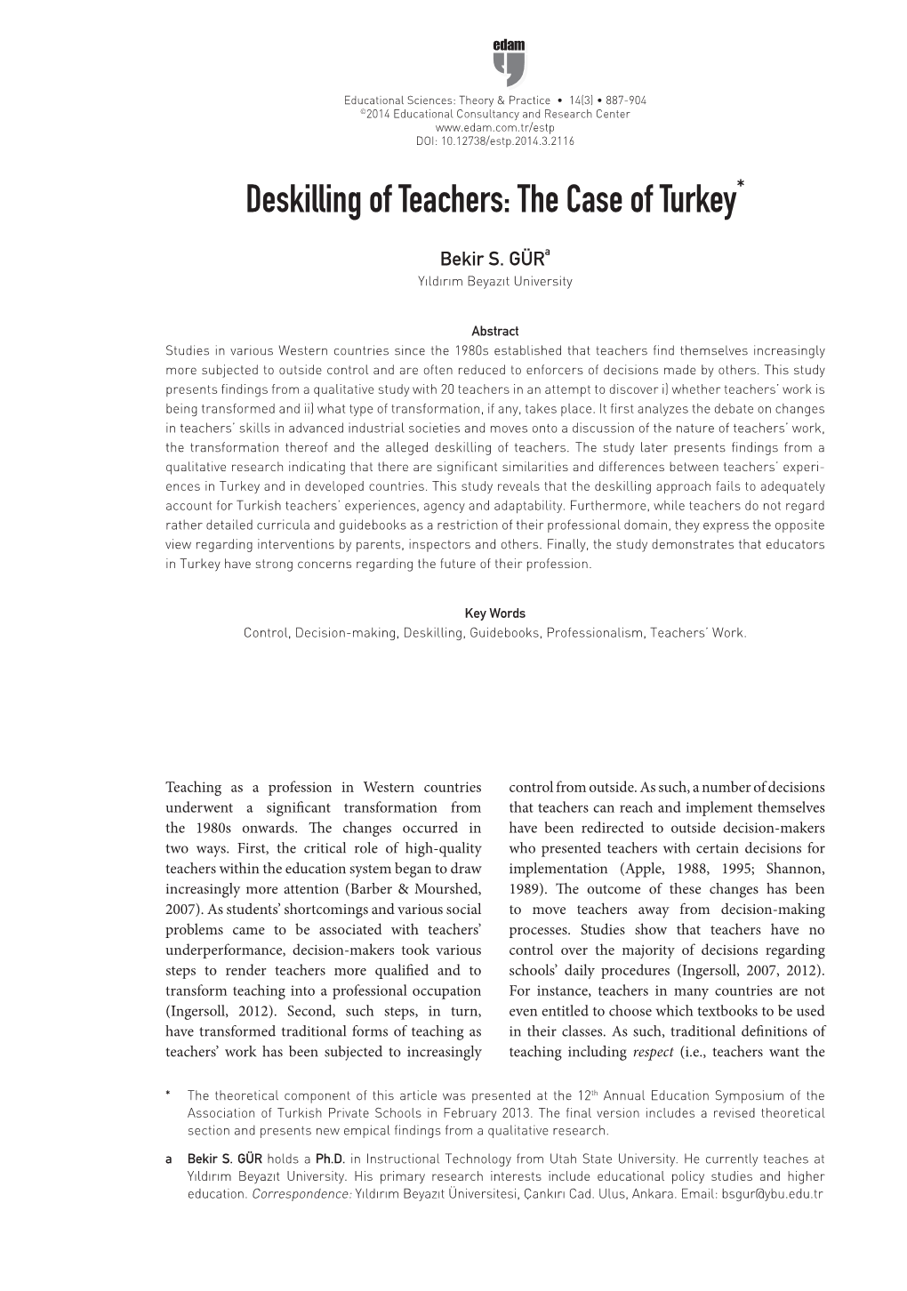 Deskilling of Teachers: the Case of Turkey*