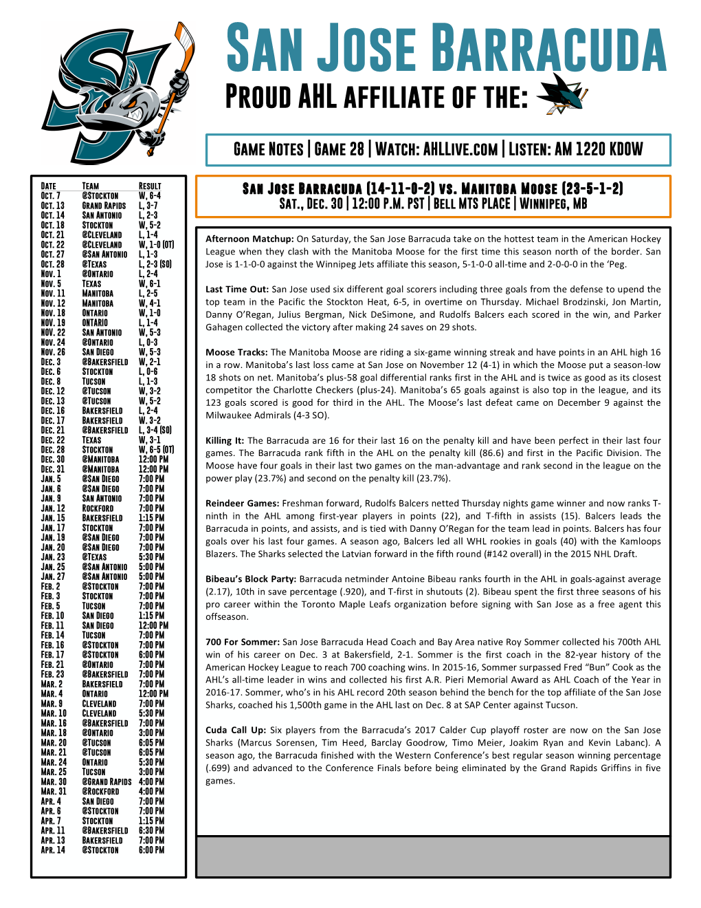 Game Notes | Game 28 | Watch: Ahllive.Com | Listen: AM 1220 KDOW