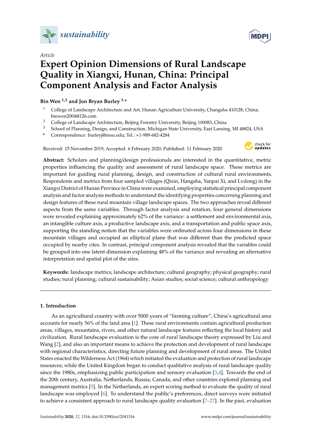 Expert Opinion Dimensions of Rural Landscape Quality in Xiangxi, Hunan, China: Principal Component Analysis and Factor Analysis