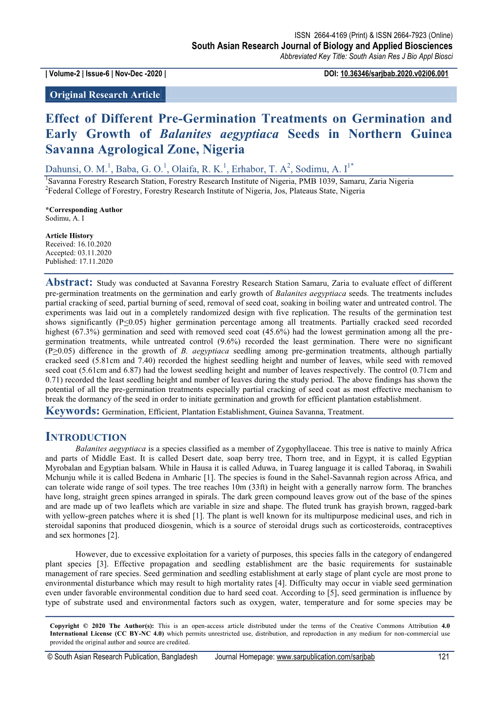 Effect of Different Pre-Germination Treatments on Germination and Early Growth of Balanites Aegyptiaca Seeds in Northern Guinea Savanna Agrological Zone, Nigeria