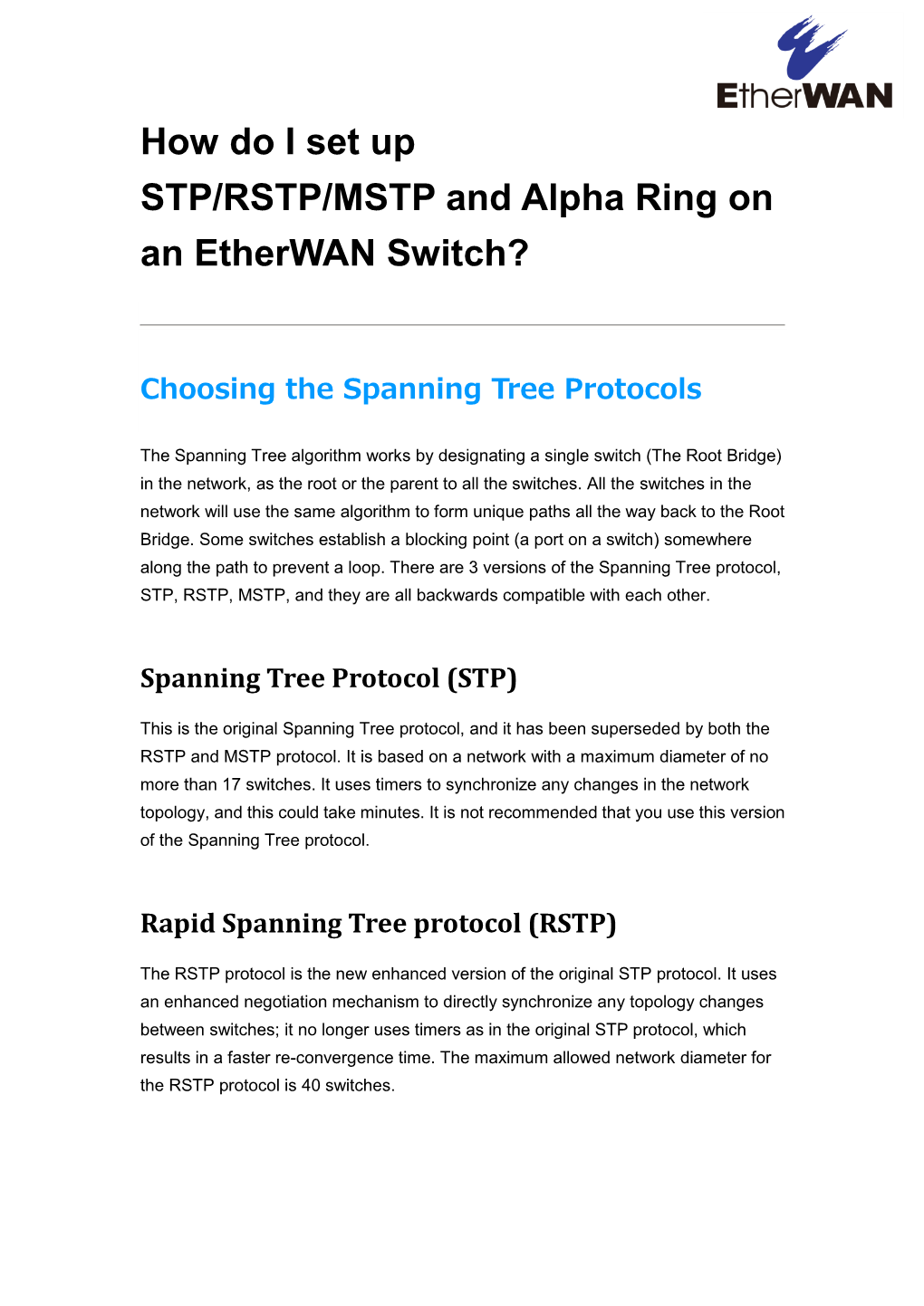 How Do I Set up STP/RSTP/MSTP and Alpha Ring on an Etherwan Switch?
