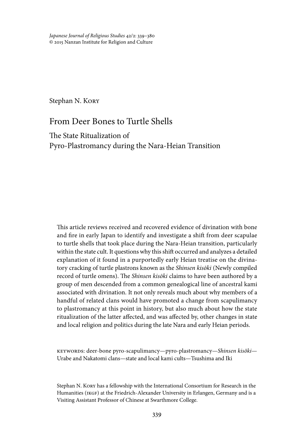 From Deer Bones to Turtle Shells the State Ritualization of Pyro-Plastromancy During the Nara-Heian Transition