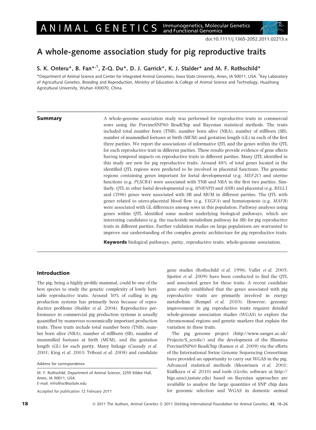 A Wholegenome Association Study for Pig Reproductive Traits