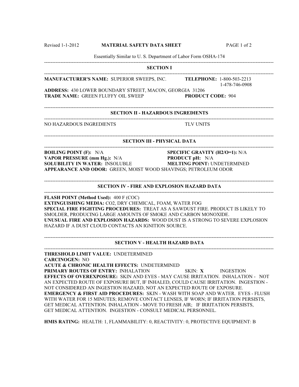 Revised 1-1-2012 MATERIAL SAFETY DATA SHEET PAGE 1 of 2