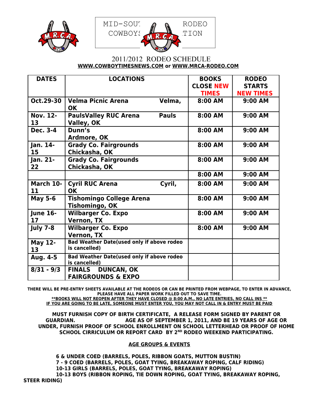 1999 Mrca Rodeo Schedule