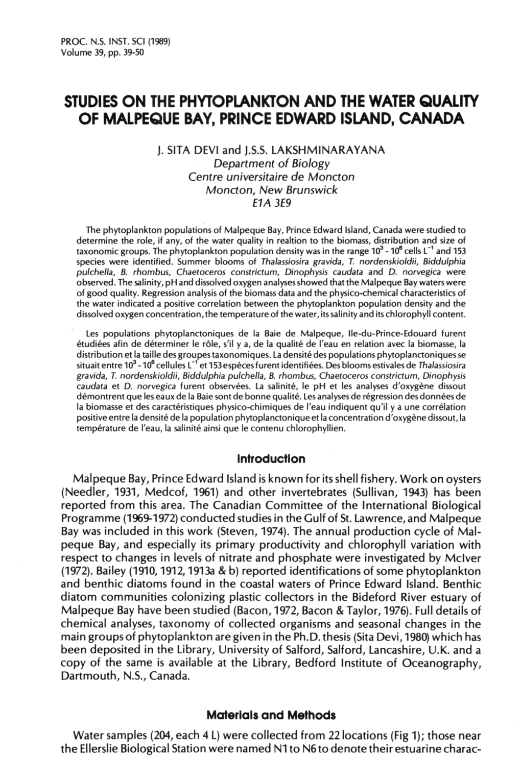 STUDIES on the PHYTOPLANKTON and the WATER Quality of Malpeque BAY, PRINCE EDWARD ISLAND, CANADA