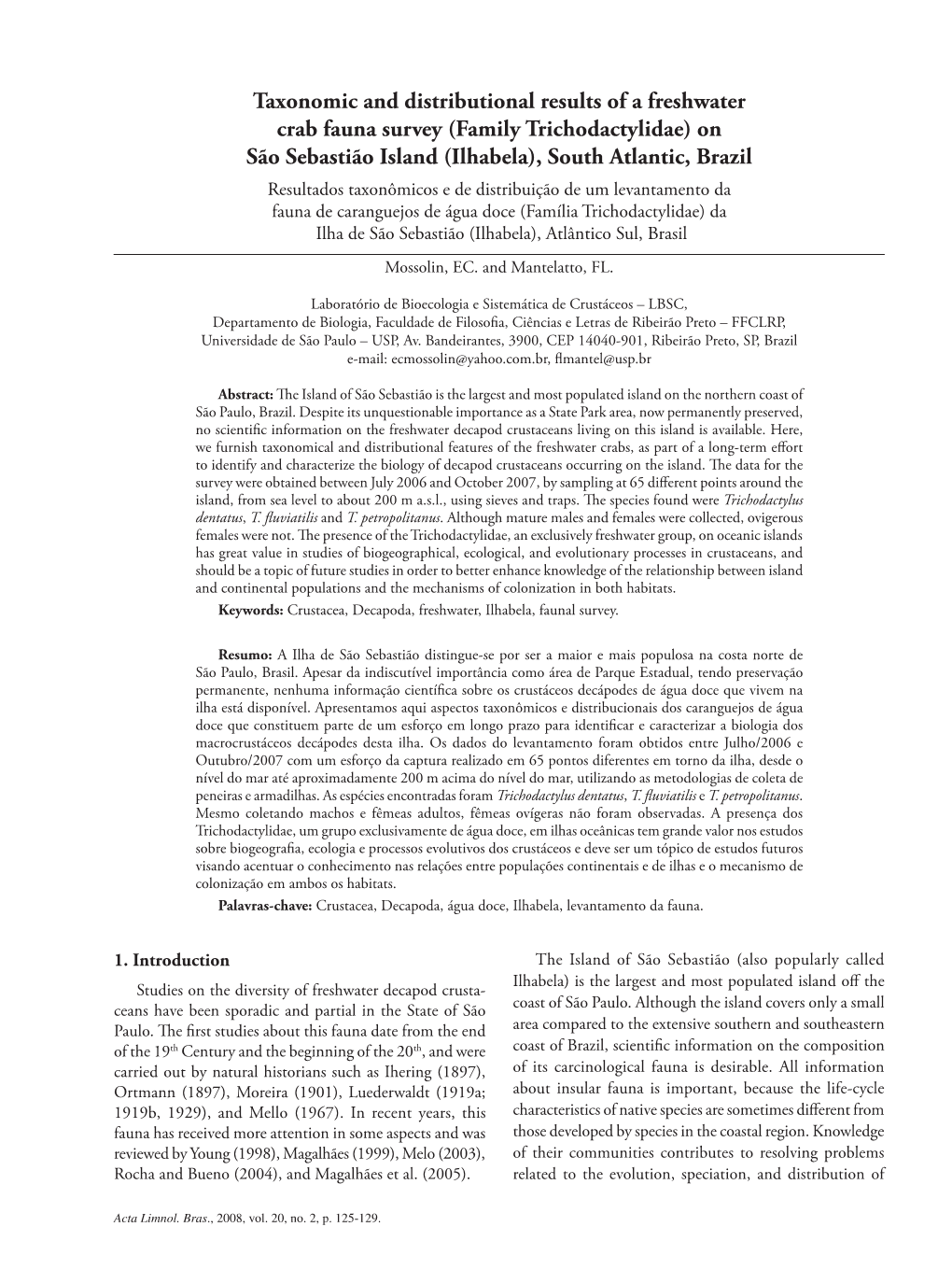 Taxonomic and Distributional Results of a Freshwater Crab Fauna Survey