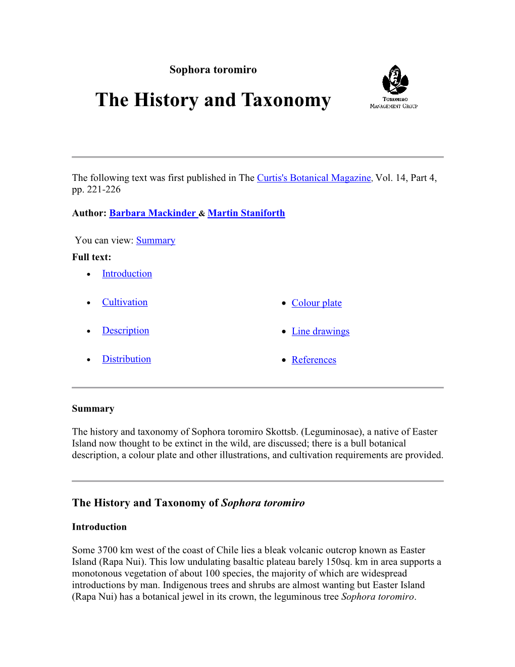 Sophora Toromiro the History and Taxonomy