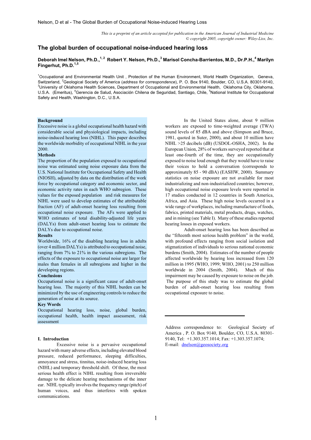 The Global Burden of Occupational Noise-Induced Hearing Loss