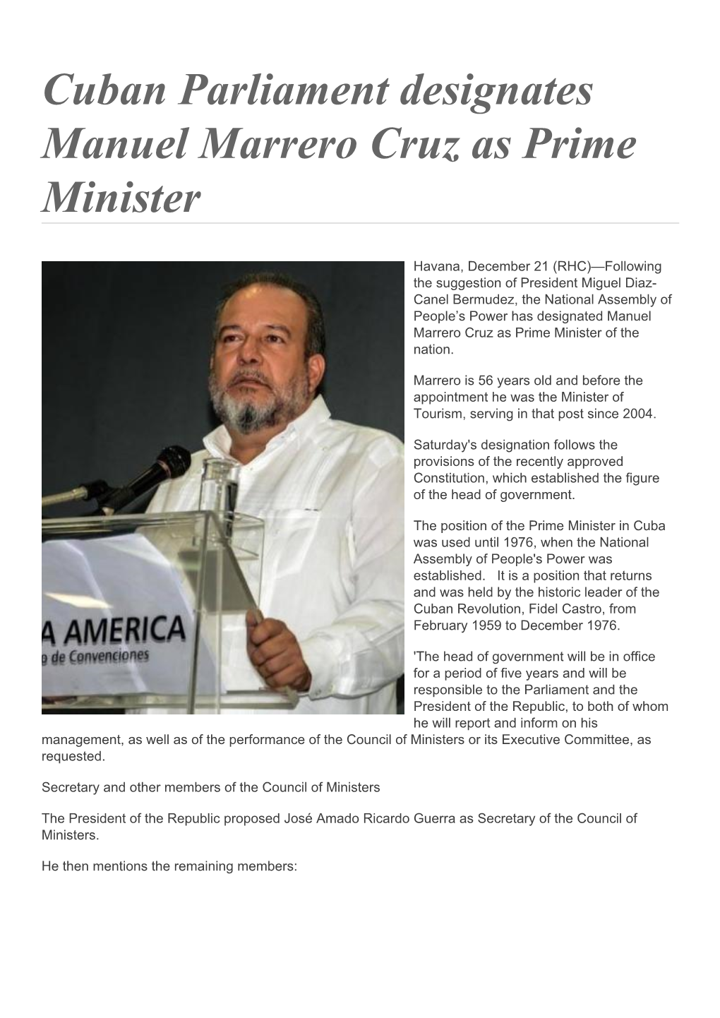 Cuban Parliament Designates Manuel Marrero Cruz As Prime Minister