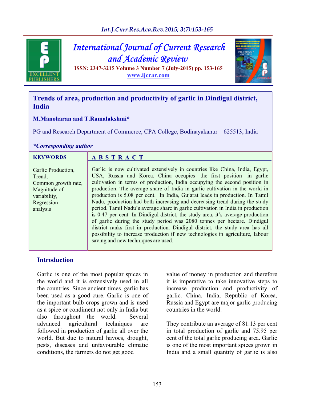 Trends of Area, Production and Productivity of Garlic in Dindigul District, India