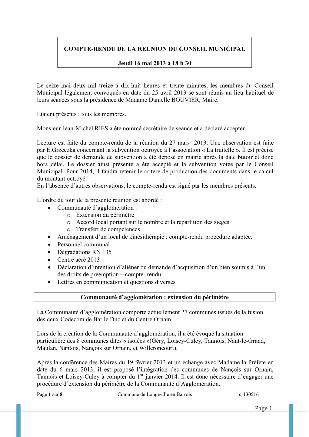 COMPTE-RENDU DE LA REUNION DU CONSEIL MUNICIPAL Jeudi 16