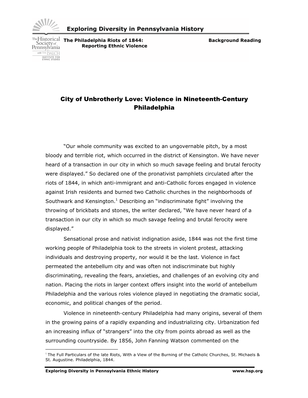 City of Unbrotherly Love: Violence in Nineteenth-Century Philadelphia