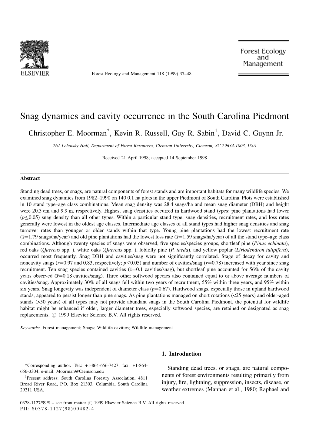 Snag Dynamics and Cavity Occurrence in the South Carolina Piedmont