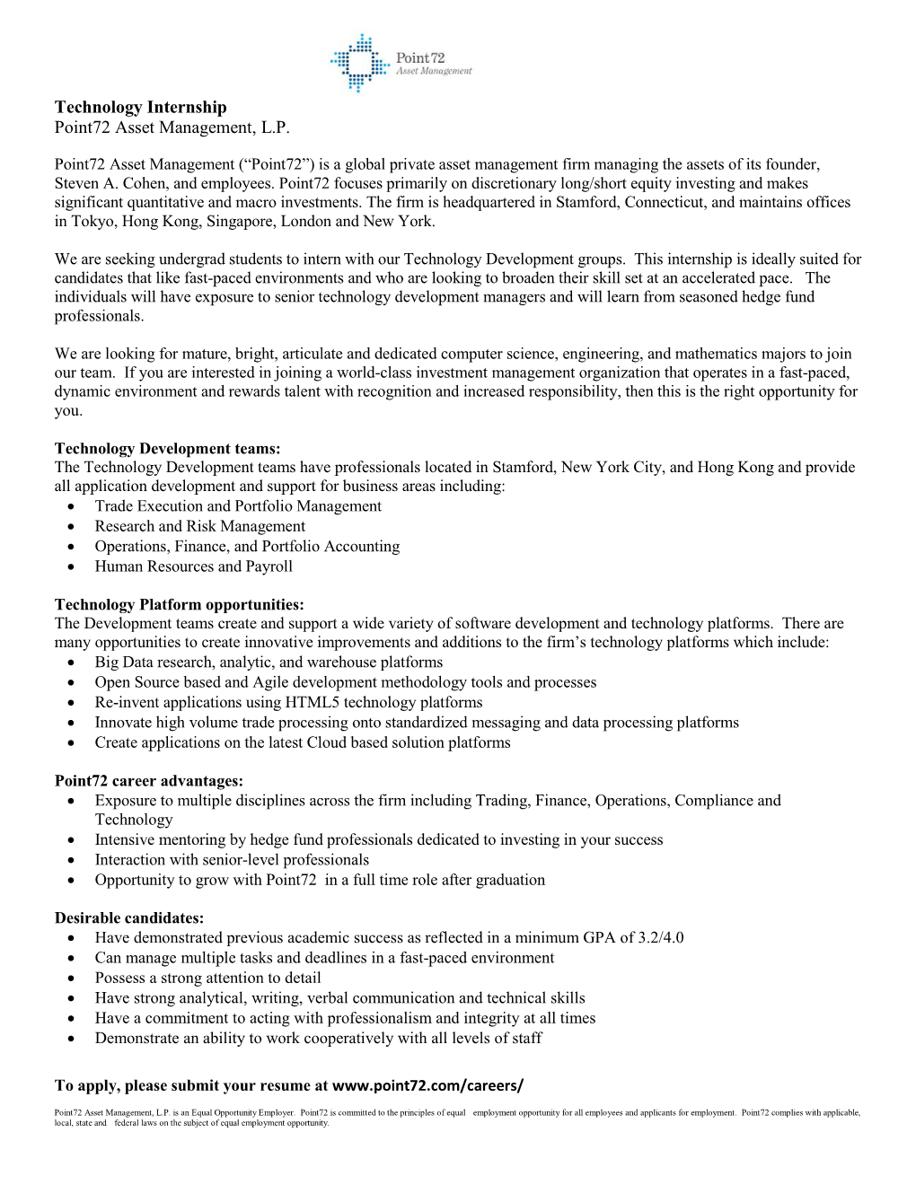 Technology Internship Point72 Asset Management, L.P