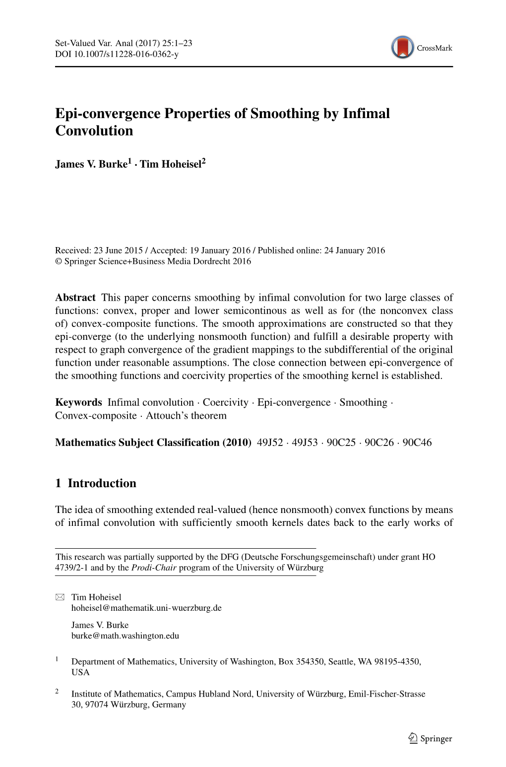 Epi-Convergence Properties of Smoothing by Infimal Convolution