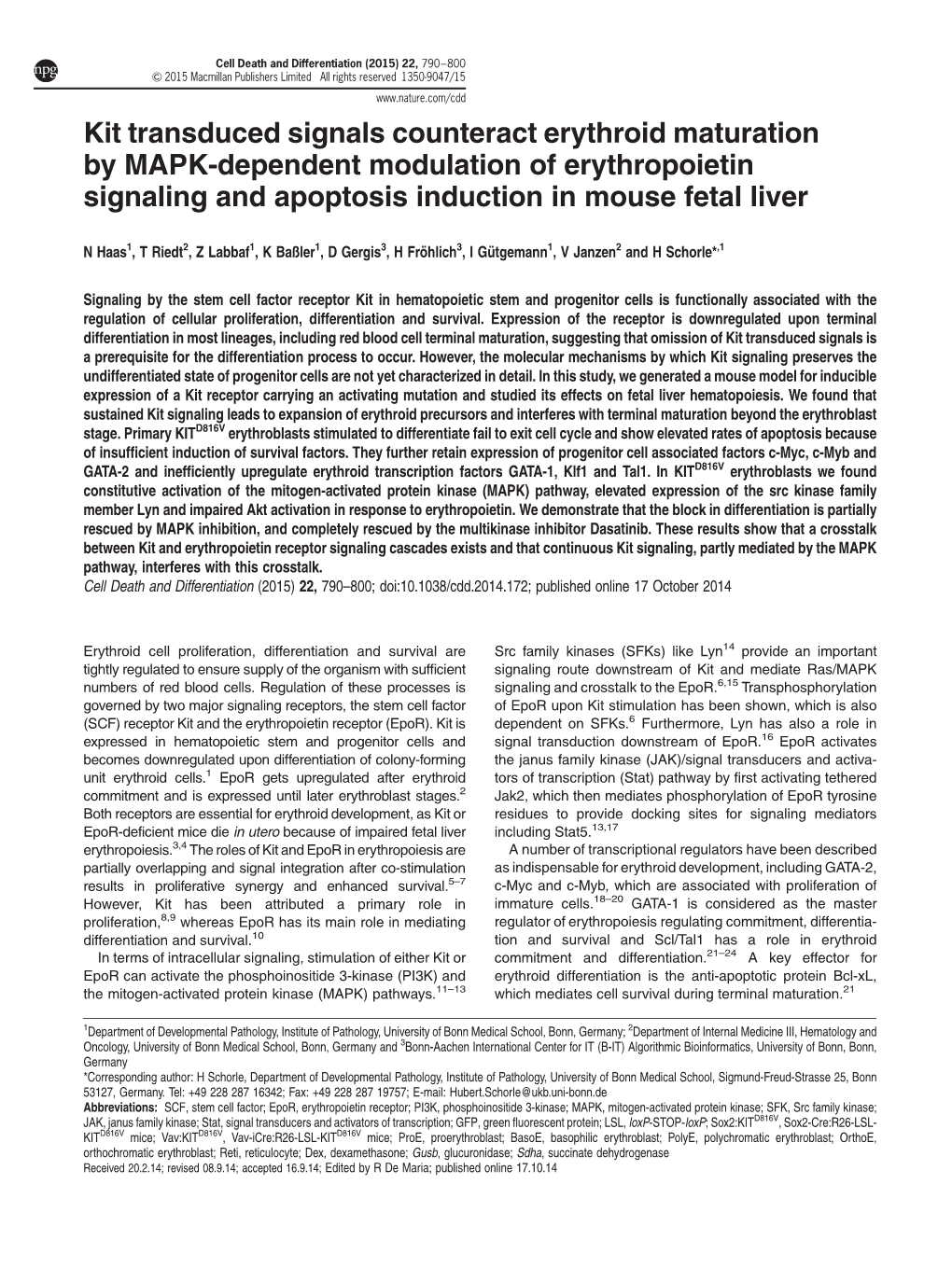 Kit Transduced Signals Counteract Erythroid Maturation by MAPK-Dependent Modulation of Erythropoietin Signaling and Apoptosis Induction in Mouse Fetal Liver