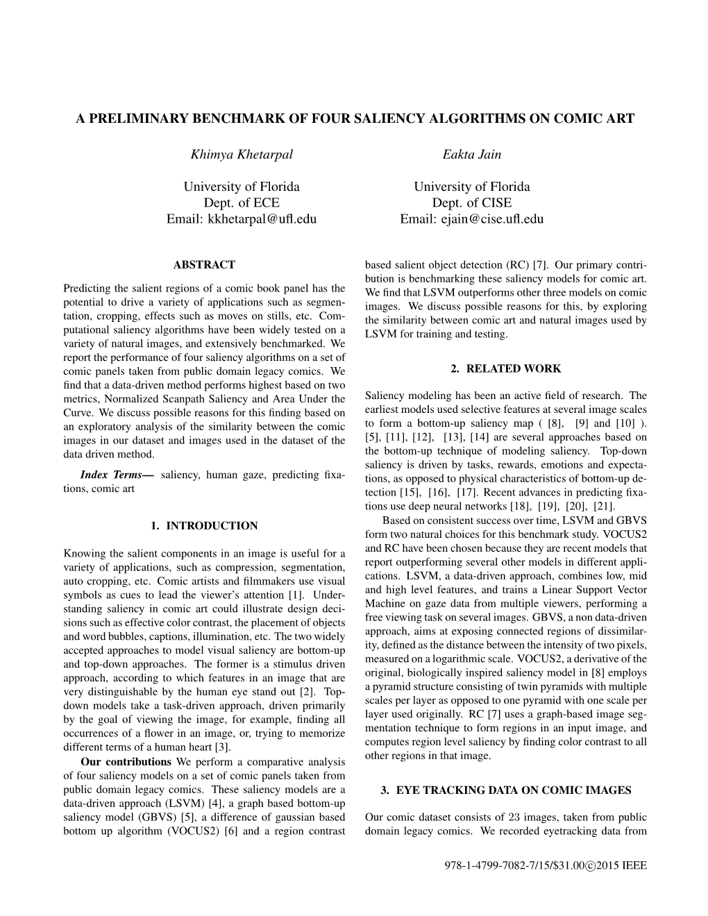 A Preliminary Benchmark of Four Saliency Algorithms on Comic Art