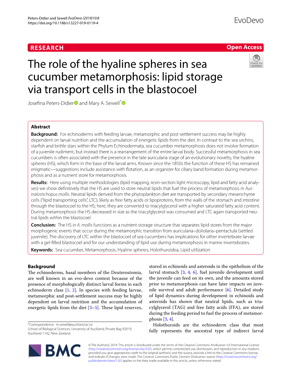 The Role of the Hyaline Spheres in Sea Cucumber Metamorphosis: Lipid Storage Via Transport Cells in the Blastocoel Josefna Peters‑Didier and Mary A