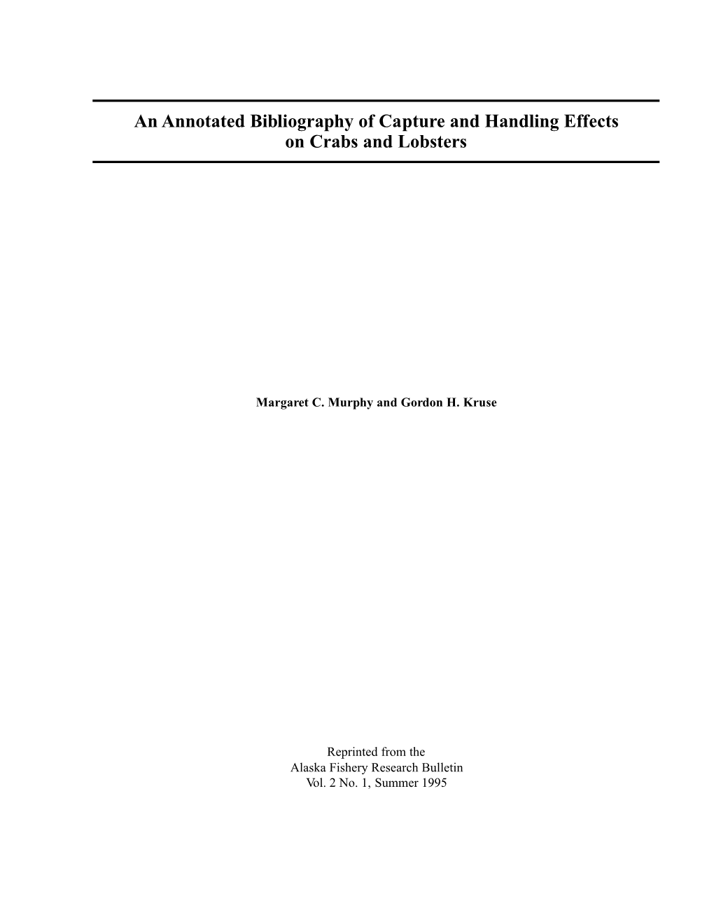 An Annotated Bibliography of Capture and Handling Effects on Crabs and Lobsters