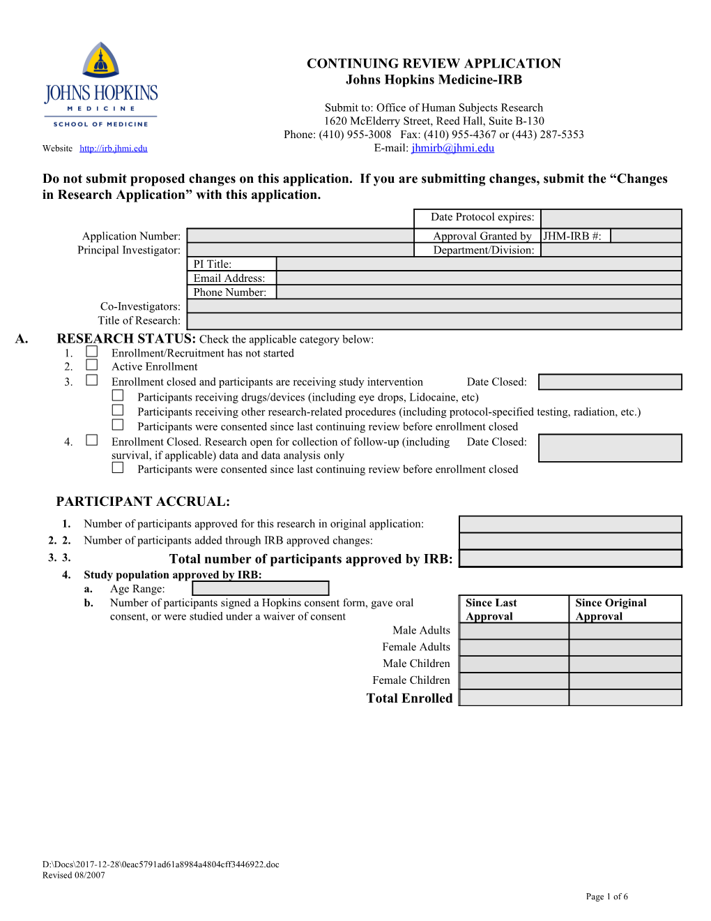 Continuing Review Application 3/31/06