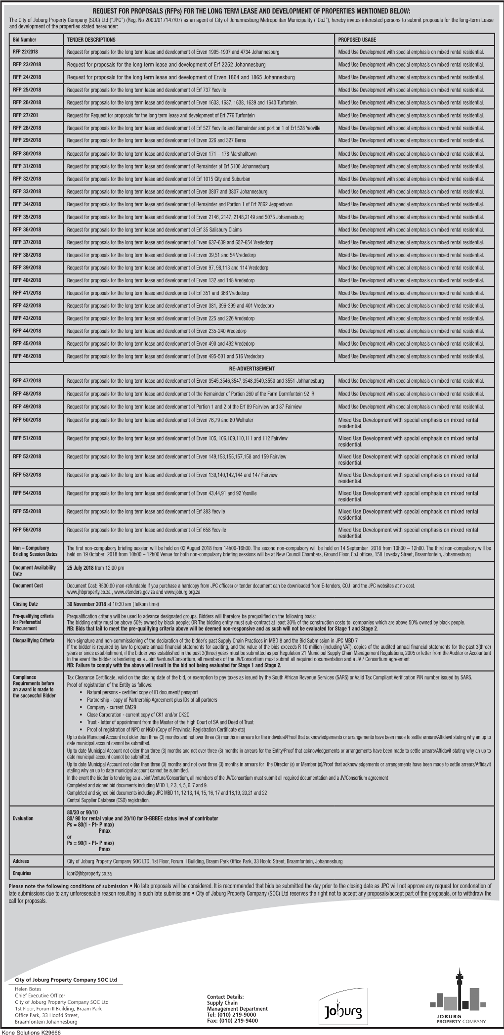 REQUEST for PROPOSALS (Rfps) for the LONG TERM LEASE and DEVELOPMENT of PROPERTIES MENTIONED BELOW: the City of Joburg Property Company (SOC) Ltd (“JPC”) (Reg