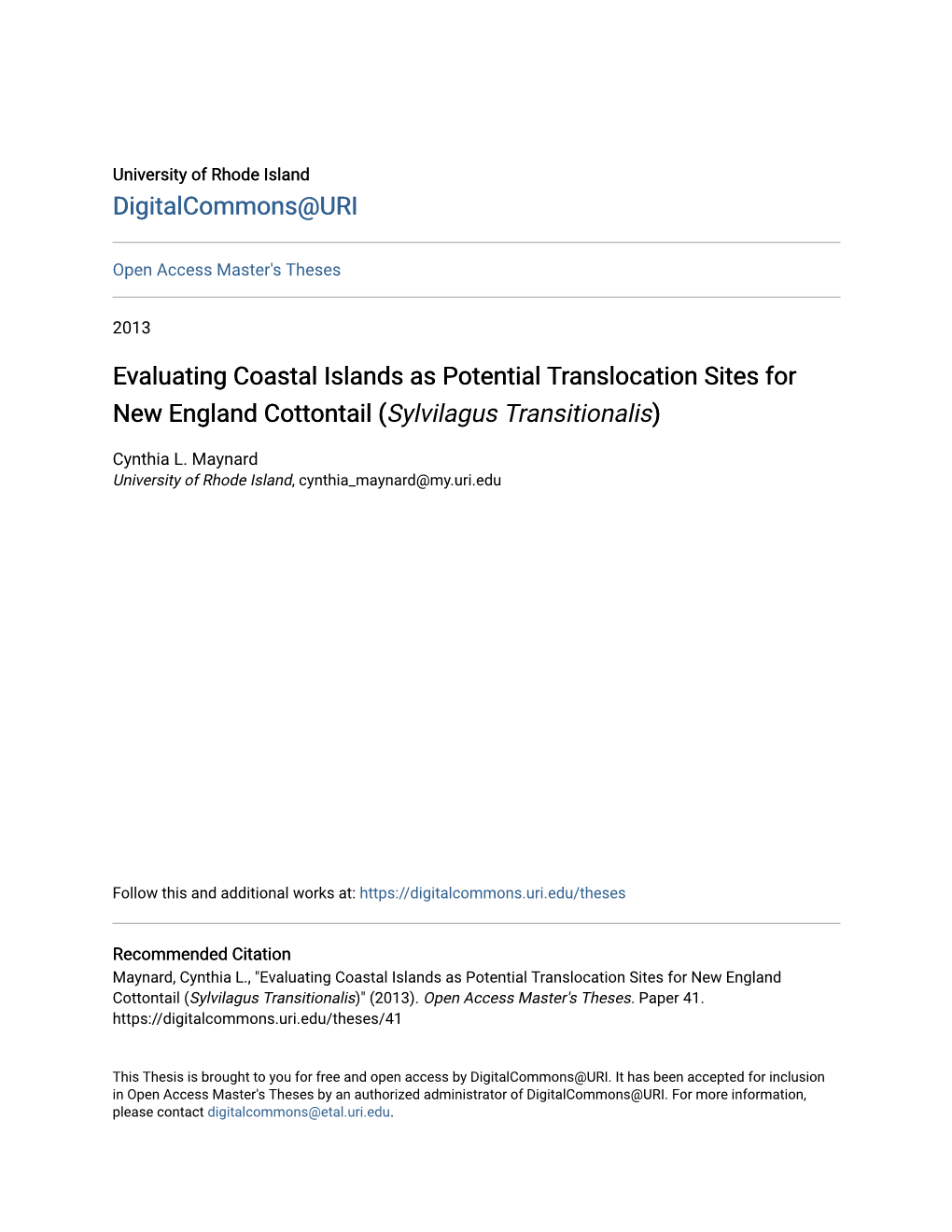 Evaluating Coastal Islands As Potential Translocation Sites for New England Cottontail (Sylvilagus Transitionalis)