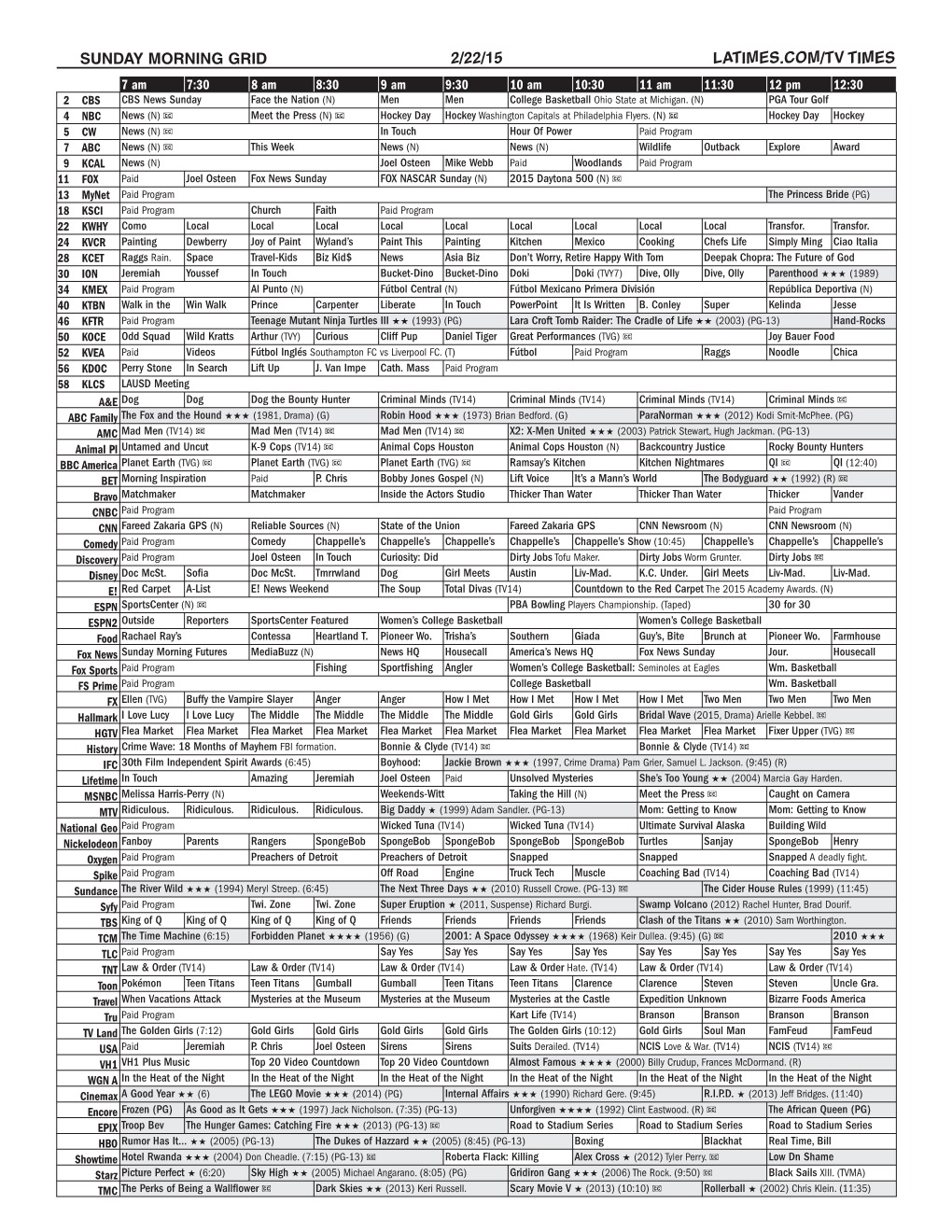 Sunday Morning Grid 2/22/15 Latimes.Com/Tv Times