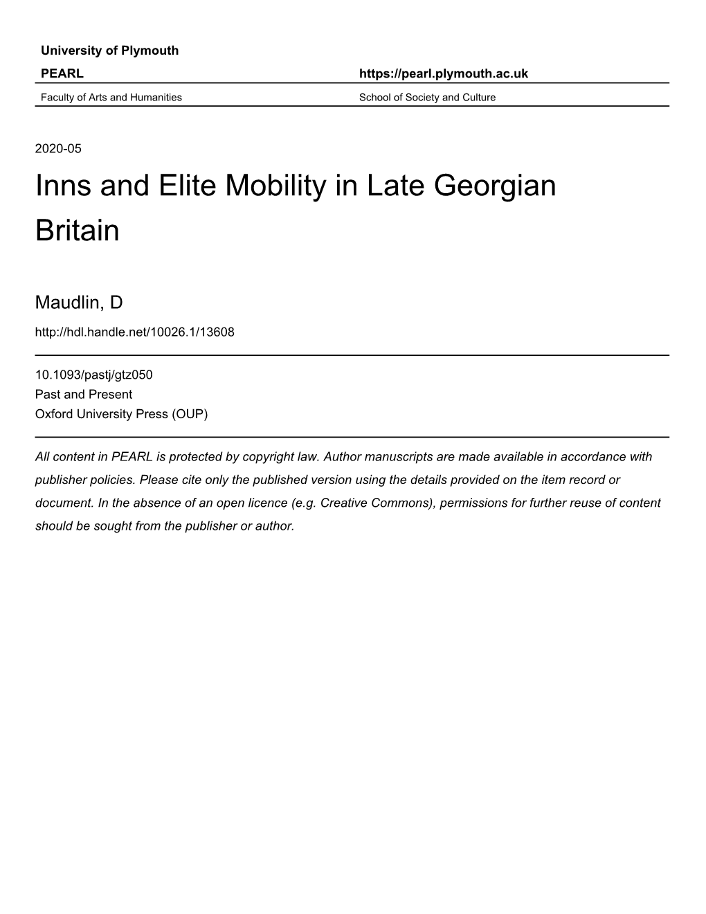 Inns and Elite Mobility in Late Georgian Britain