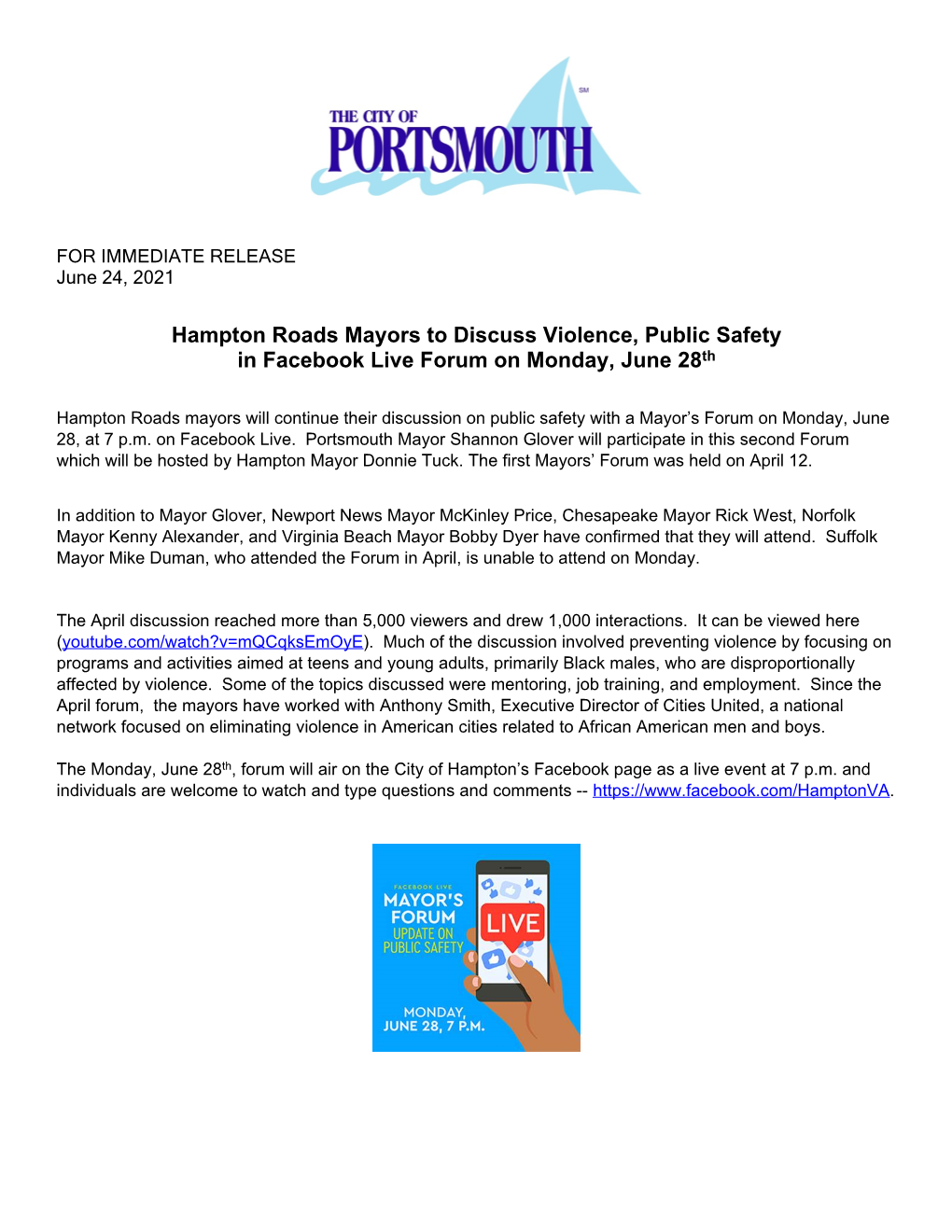 Hampton Roads Mayors to Discuss Violence, Public Safety in Facebook Live Forum on Monday, June 28Th