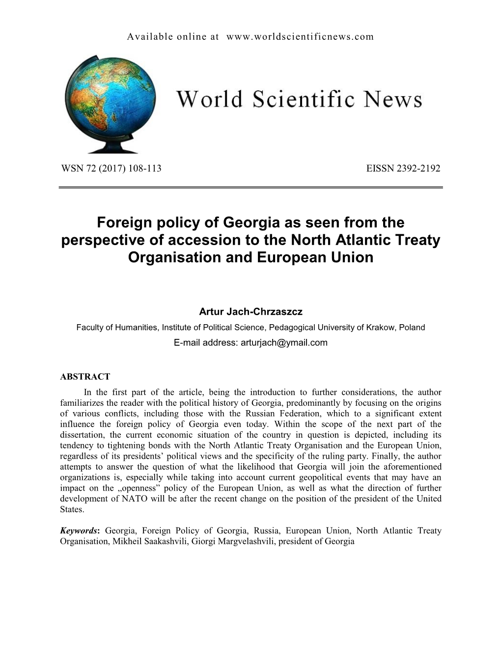 Foreign Policy of Georgia As Seen from the Perspective of Accession to the North Atlantic Treaty Organisation and European Union