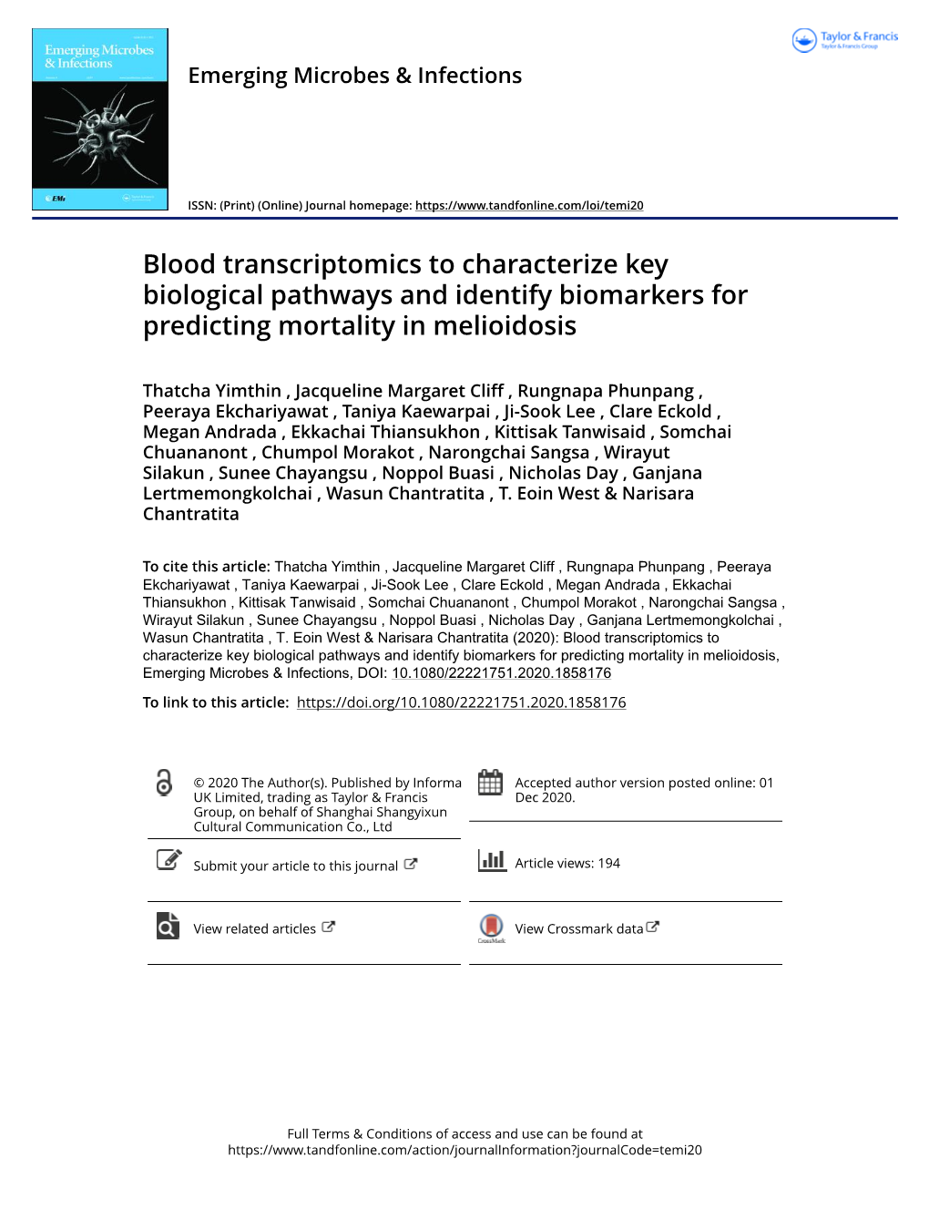 Blood Transcriptomics to Characterize Key Biological Pathways and Identify Biomarkers for Predicting Mortality in Melioidosis