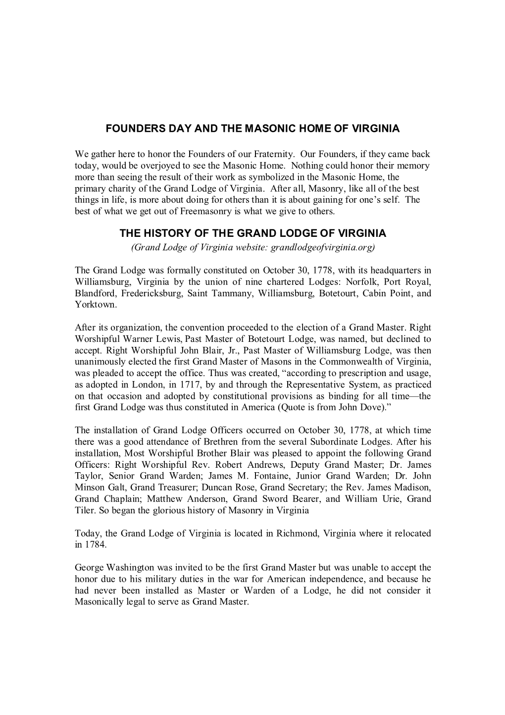 Founders Day and the Masonic Home of Virginia the History of the Grand Lodge of Virginia