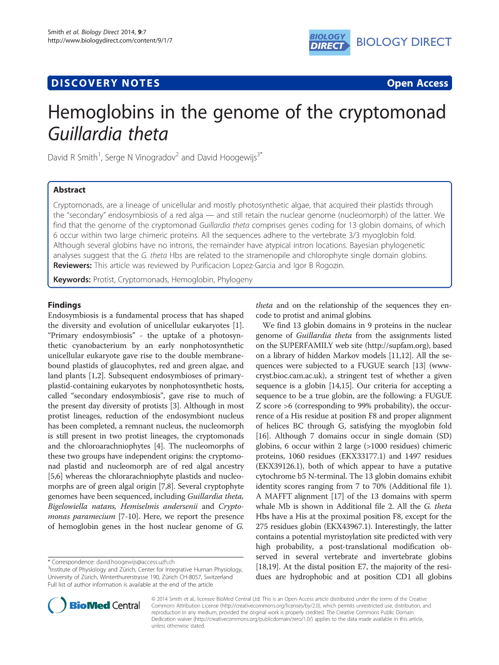 Hemoglobins in the Genome of the Cryptomonad Guillardia Theta David R Smith1, Serge N Vinogradov2 and David Hoogewijs3*